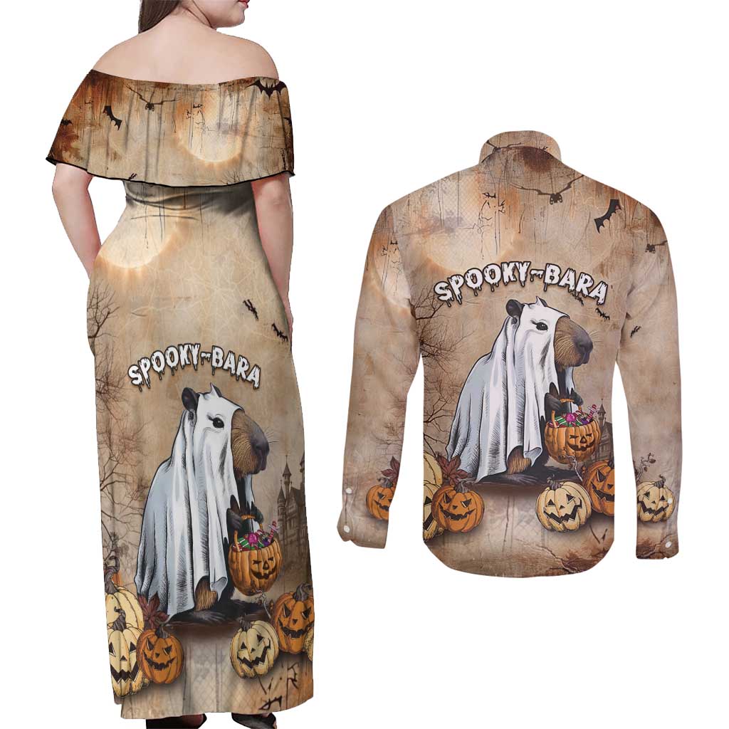 Halloween Capy Boo Ra Couples Matching Off Shoulder Maxi Dress and Long Sleeve Button Shirt Spooky Bara Season LT05 - Wonder Print Shop