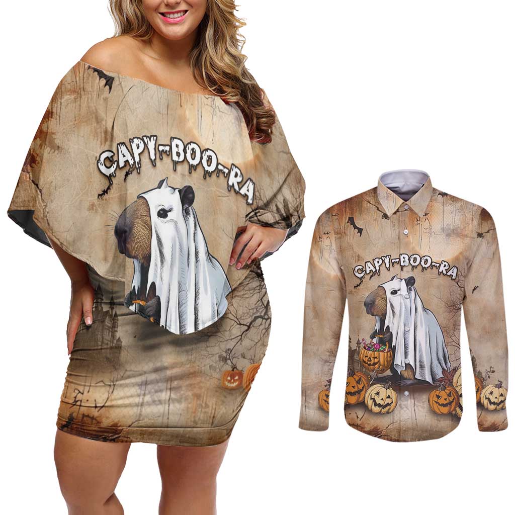 Halloween Capy Boo Ra Couples Matching Off Shoulder Short Dress and Long Sleeve Button Shirt Spooky Bara Season LT05 - Wonder Print Shop