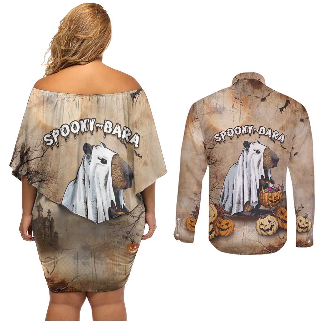 Halloween Capy Boo Ra Couples Matching Off Shoulder Short Dress and Long Sleeve Button Shirt Spooky Bara Season LT05 - Wonder Print Shop