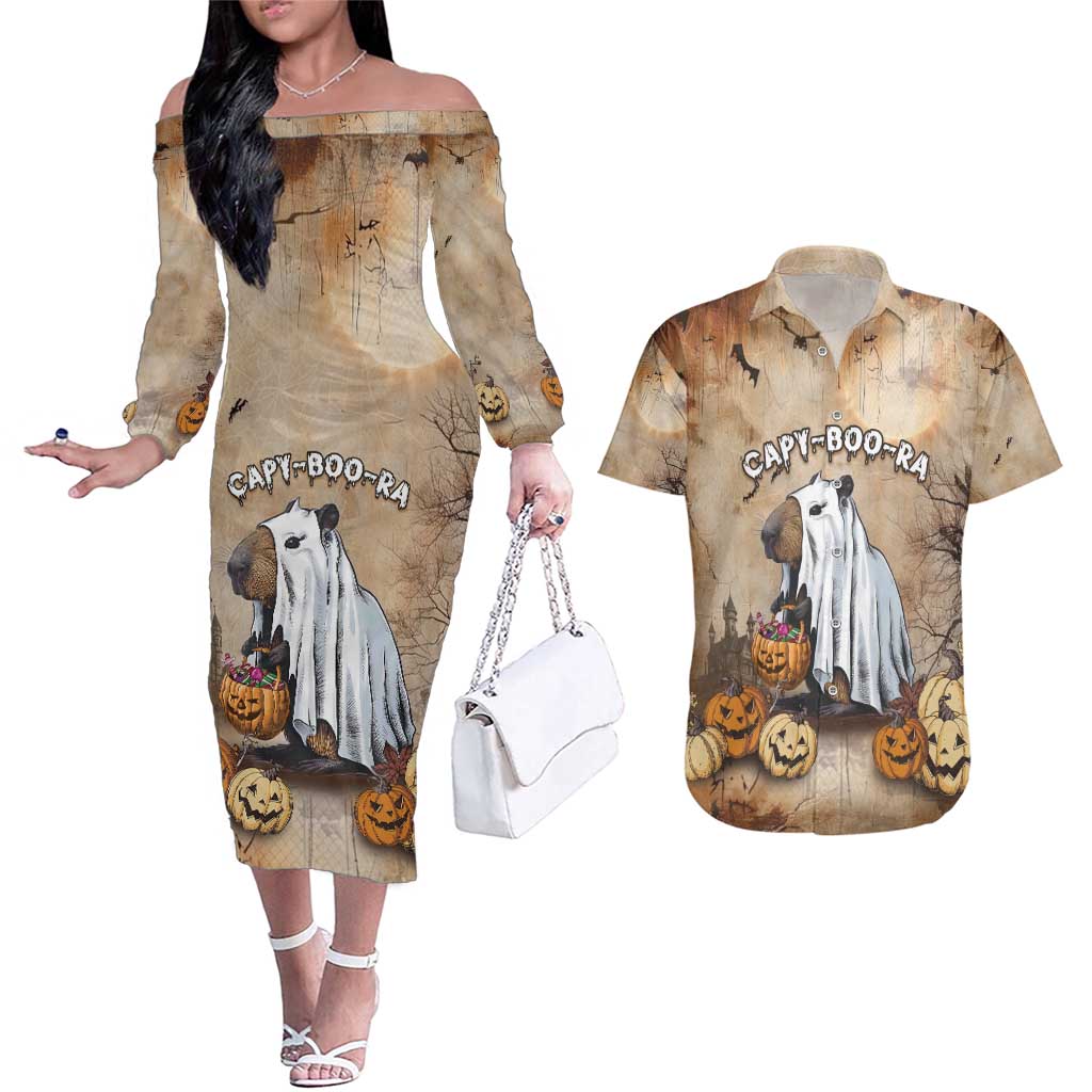 Halloween Capy Boo Ra Couples Matching Off The Shoulder Long Sleeve Dress and Hawaiian Shirt Spooky Bara Season LT05 - Wonder Print Shop