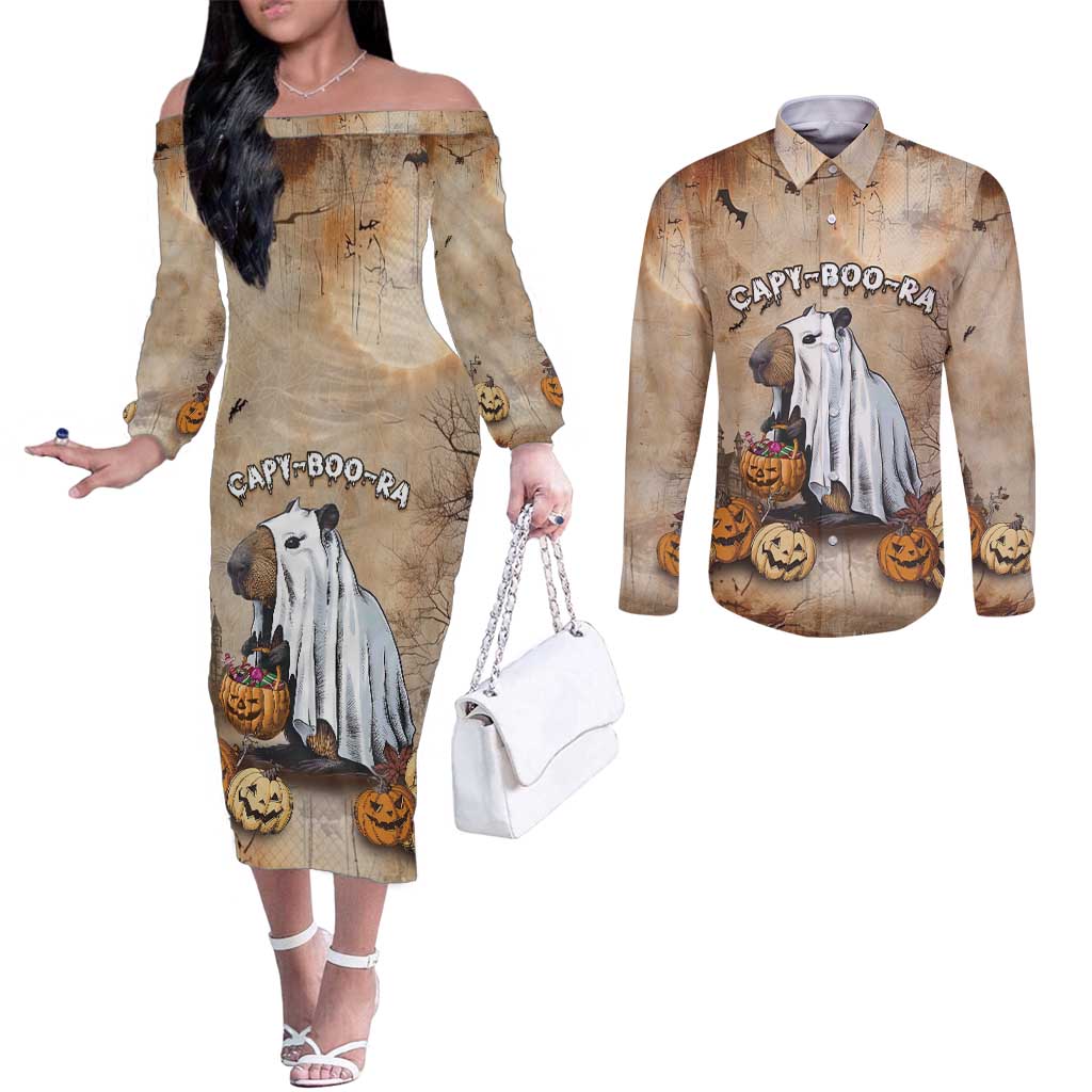 Halloween Capy Boo Ra Couples Matching Off The Shoulder Long Sleeve Dress and Long Sleeve Button Shirt Spooky Bara Season