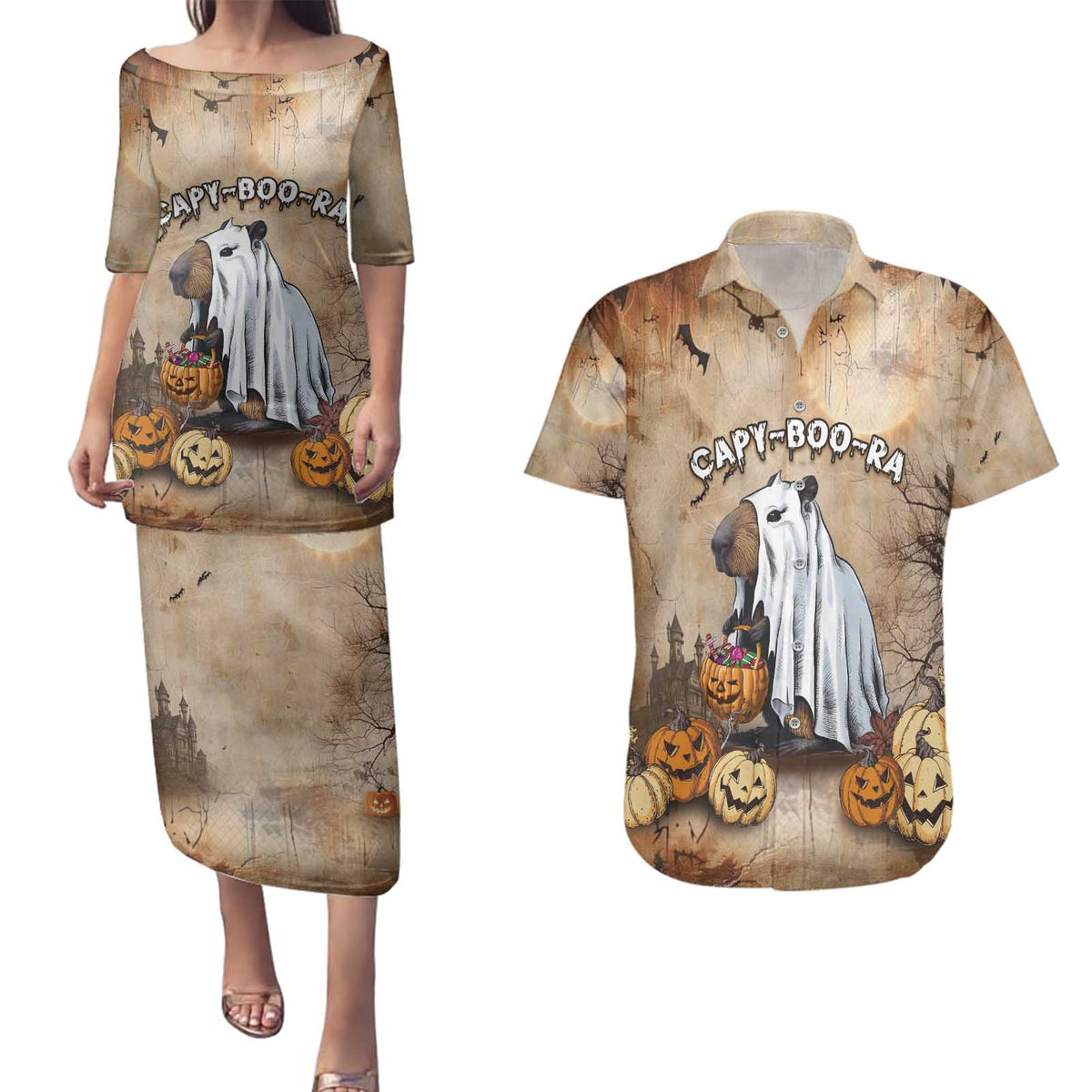 Halloween Capy Boo Ra Couples Matching Puletasi and Hawaiian Shirt Spooky Bara Season LT05 - Wonder Print Shop