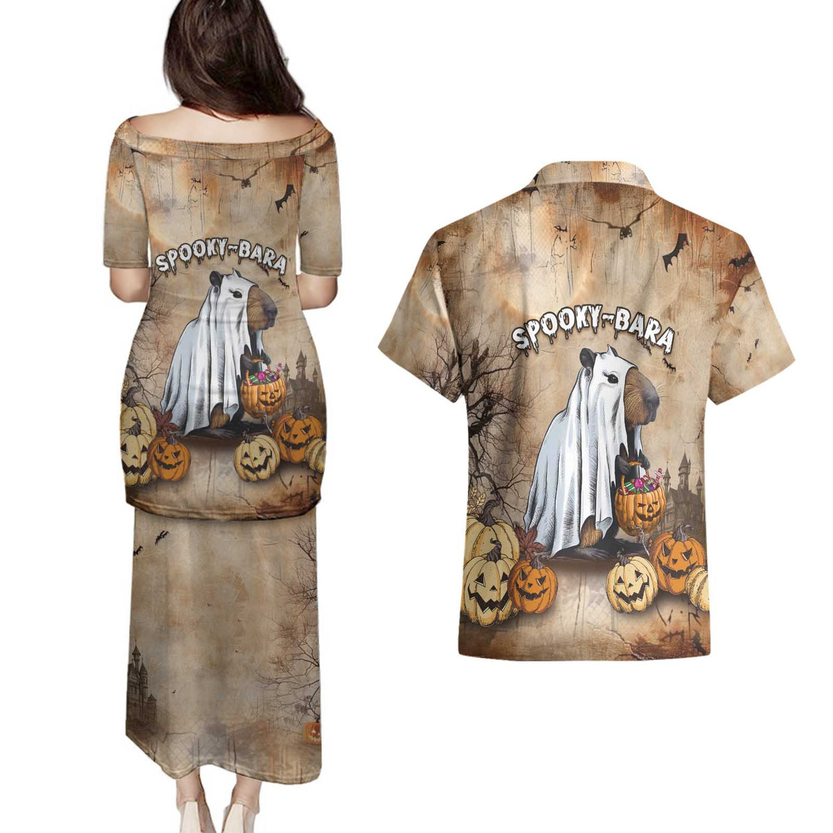 Halloween Capy Boo Ra Couples Matching Puletasi and Hawaiian Shirt Spooky Bara Season LT05 - Wonder Print Shop