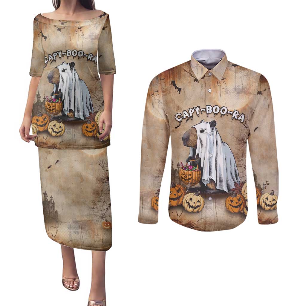 Halloween Capy Boo Ra Couples Matching Puletasi and Long Sleeve Button Shirt Spooky Bara Season LT05 - Wonder Print Shop