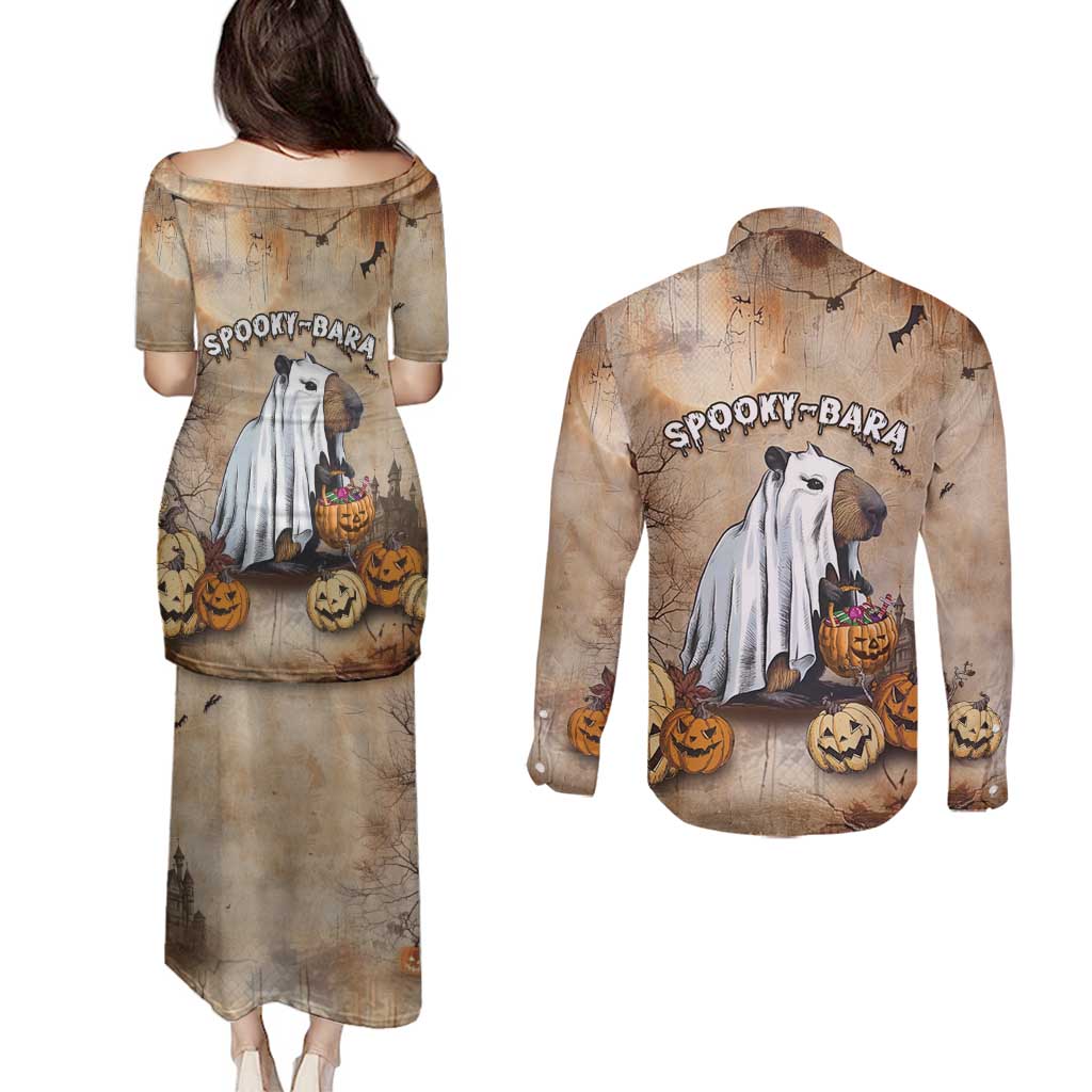 Halloween Capy Boo Ra Couples Matching Puletasi and Long Sleeve Button Shirt Spooky Bara Season LT05 - Wonder Print Shop