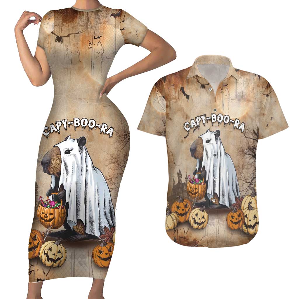 Halloween Capy Boo Ra Couples Matching Short Sleeve Bodycon Dress and Hawaiian Shirt Spooky Bara Season LT05 - Wonder Print Shop