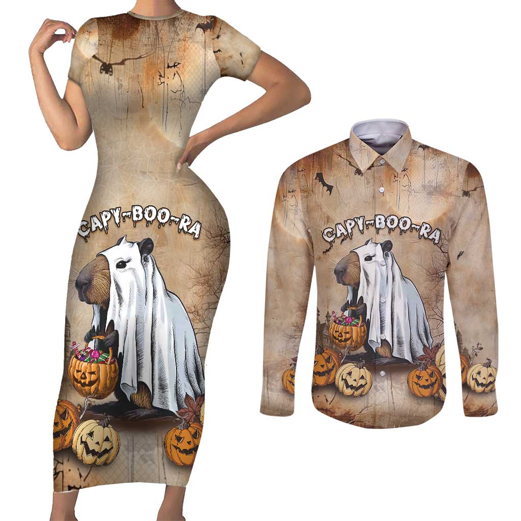 Halloween Capy Boo Ra Couples Matching Short Sleeve Bodycon Dress and Long Sleeve Button Shirt Spooky Bara Season LT05 - Wonder Print Shop