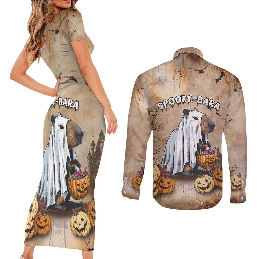Halloween Capy Boo Ra Couples Matching Short Sleeve Bodycon Dress and Long Sleeve Button Shirt Spooky Bara Season LT05 - Wonder Print Shop