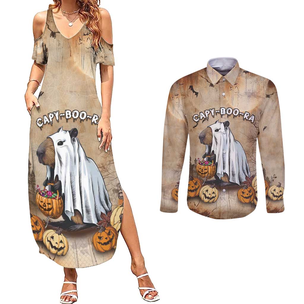 Halloween Capy Boo Ra Couples Matching Summer Maxi Dress and Long Sleeve Button Shirt Spooky Bara Season LT05 - Wonder Print Shop