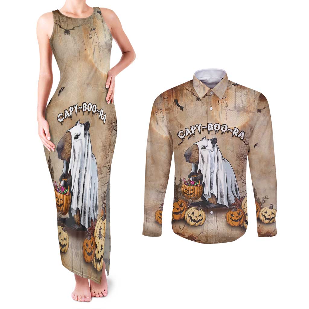 Halloween Capy Boo Ra Couples Matching Tank Maxi Dress and Long Sleeve Button Shirt Spooky Bara Season LT05 - Wonder Print Shop
