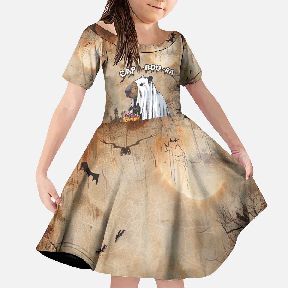 Halloween Capy Boo Ra Family Matching Off The Shoulder Long Sleeve Dress and Hawaiian Shirt Spooky Bara Season LT05 - Wonder Print Shop