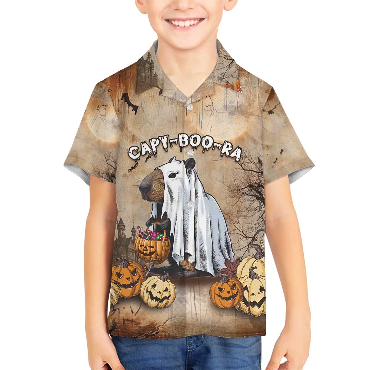 Halloween Capy Boo Ra Family Matching Off The Shoulder Long Sleeve Dress and Hawaiian Shirt Spooky Bara Season LT05 - Wonder Print Shop
