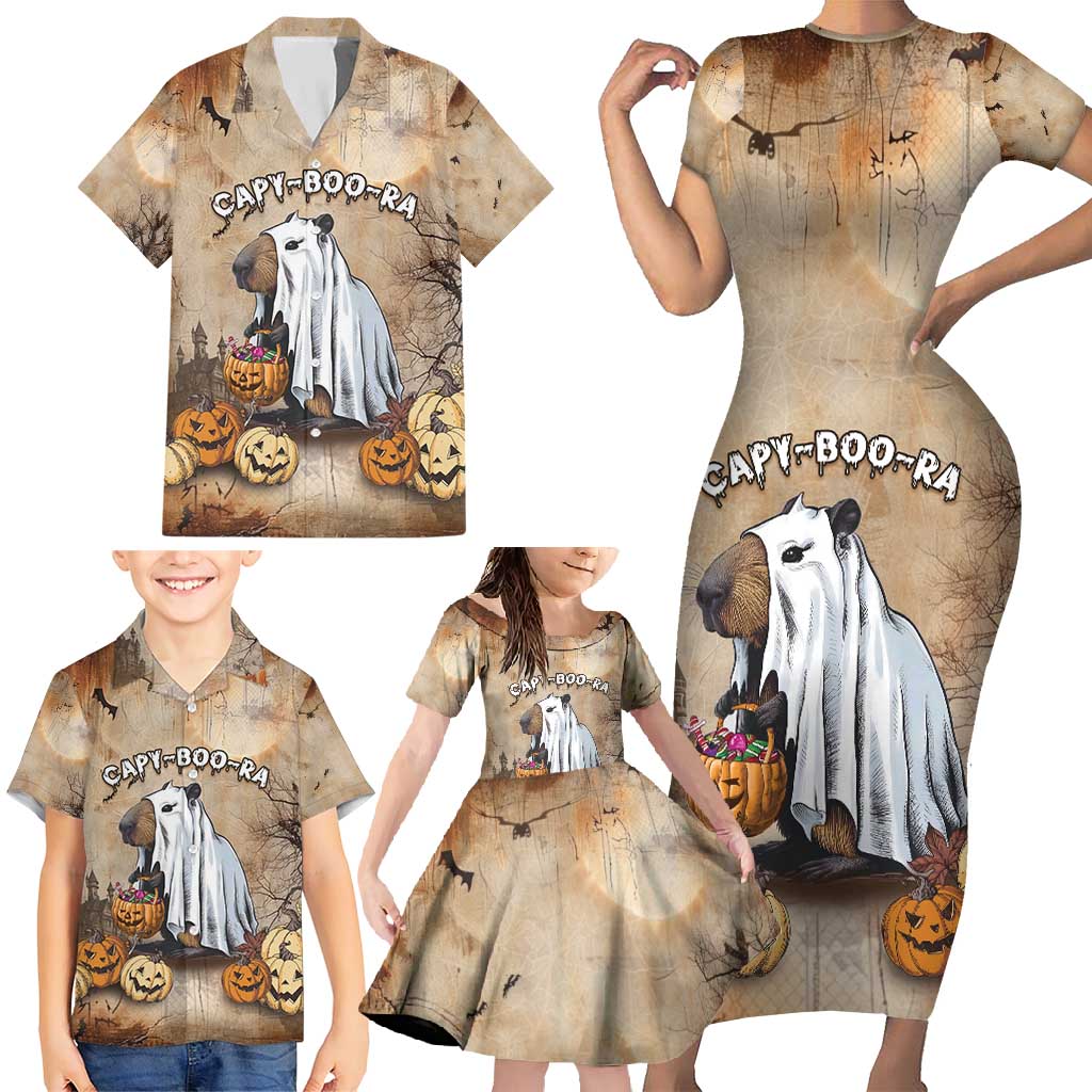 Halloween Capy Boo Ra Family Matching Short Sleeve Bodycon Dress and Hawaiian Shirt Spooky Bara Season LT05 - Wonder Print Shop