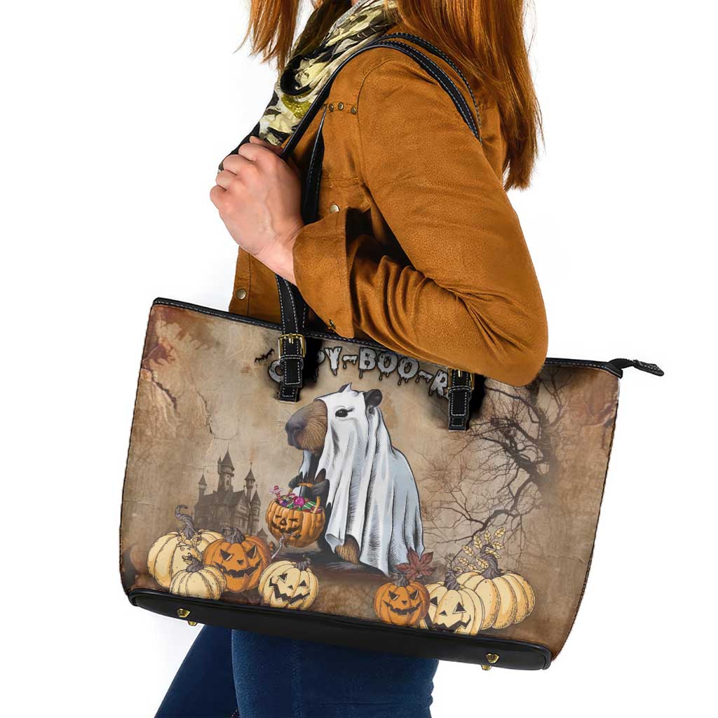 Halloween Capy Boo Ra Leather Tote Bag Spooky Bara Season LT05 - Wonder Print Shop