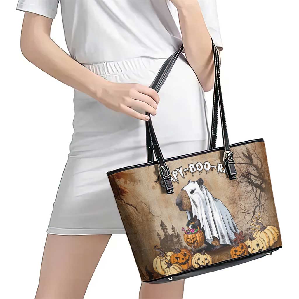 Halloween Capy Boo Ra Leather Tote Bag Spooky Bara Season LT05 - Wonder Print Shop