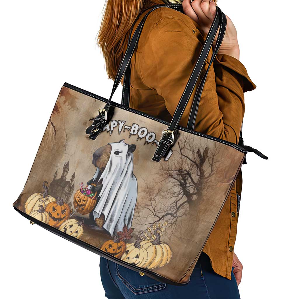 Halloween Capy Boo Ra Leather Tote Bag Spooky Bara Season LT05 - Wonder Print Shop
