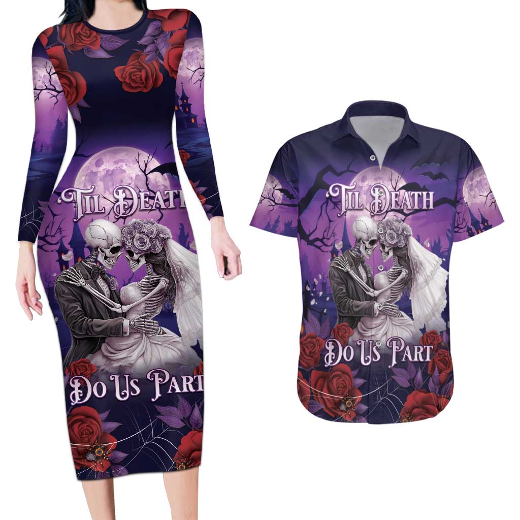 Personalised Halloween Skeleton Couple Couples Matching Long Sleeve Bodycon Dress and Hawaiian Shirt Til Death Do Us Part LT05 - Wonder Print Shop
