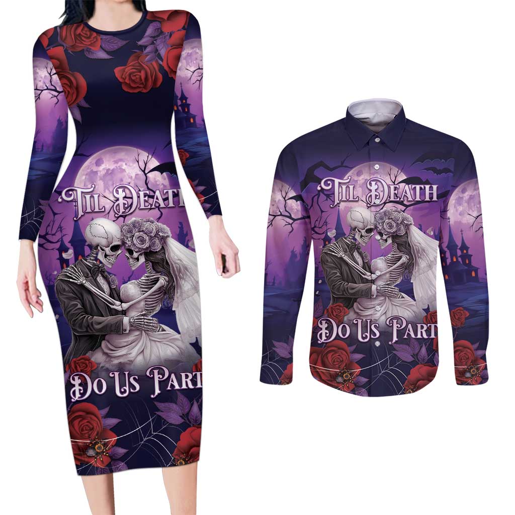 Personalised Halloween Skeleton Couple Couples Matching Long Sleeve Bodycon Dress and Long Sleeve Button Shirt Til Death Do Us Part LT05 - Wonder Print Shop