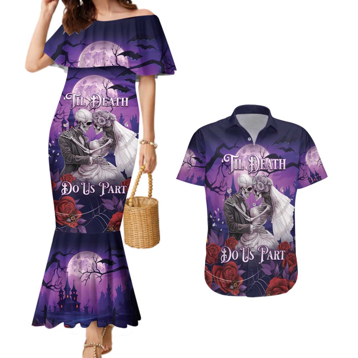 Personalised Halloween Skeleton Couple Couples Matching Mermaid Dress and Hawaiian Shirt Til Death Do Us Part LT05 - Wonder Print Shop
