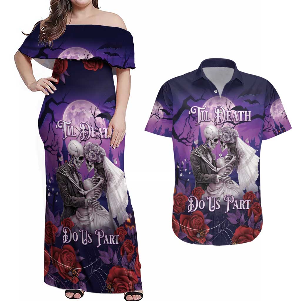 Personalised Halloween Skeleton Couple Couples Matching Off Shoulder Maxi Dress and Hawaiian Shirt Til Death Do Us Part LT05 - Wonder Print Shop