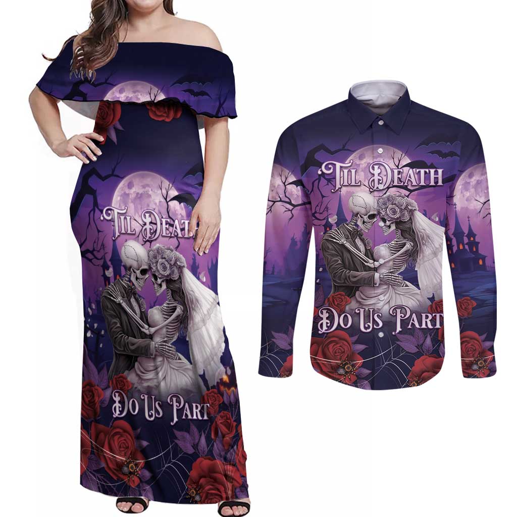 Personalised Halloween Skeleton Couple Couples Matching Off Shoulder Maxi Dress and Long Sleeve Button Shirt Til Death Do Us Part LT05 - Wonder Print Shop