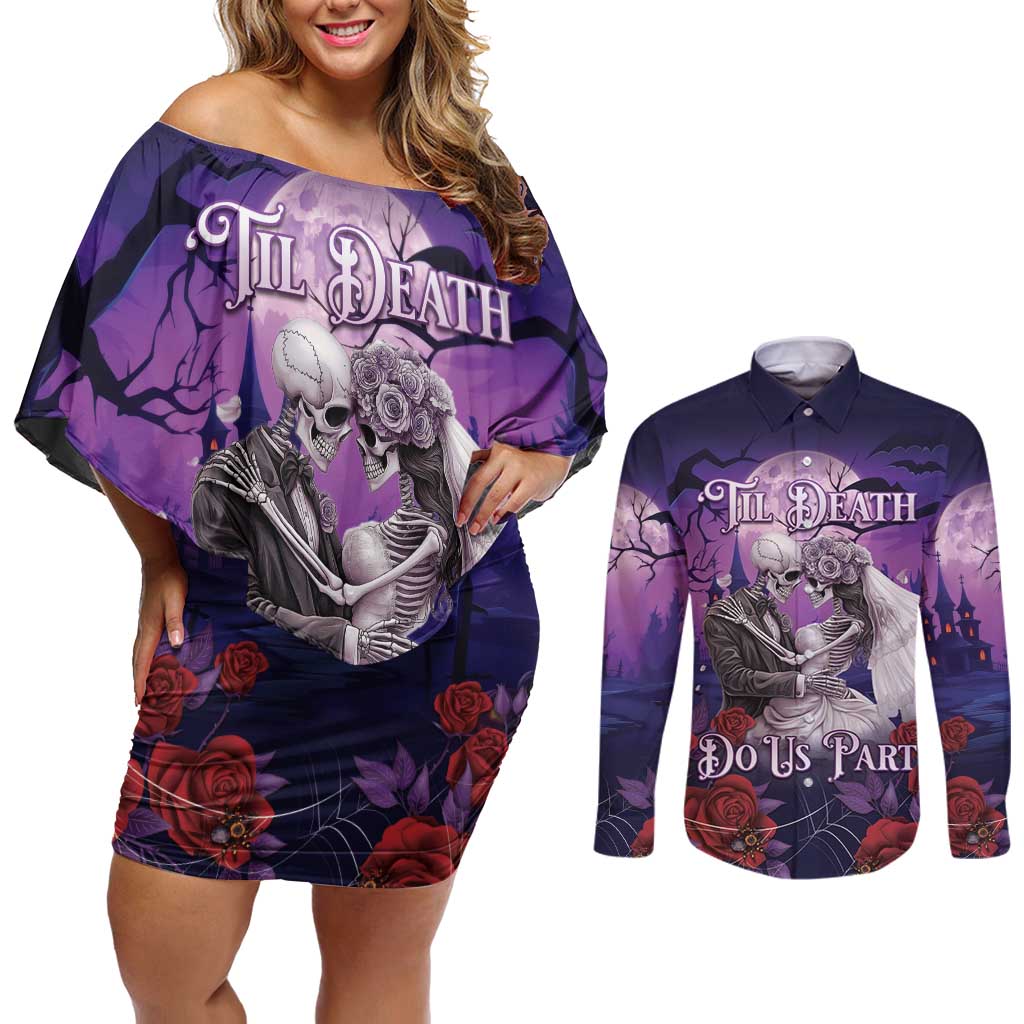 Personalised Halloween Skeleton Couple Couples Matching Off Shoulder Short Dress and Long Sleeve Button Shirt Til Death Do Us Part LT05 - Wonder Print Shop