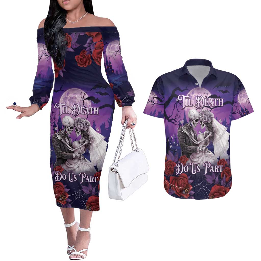 Personalised Halloween Skeleton Couple Couples Matching Off The Shoulder Long Sleeve Dress and Hawaiian Shirt Til Death Do Us Part LT05 - Wonder Print Shop