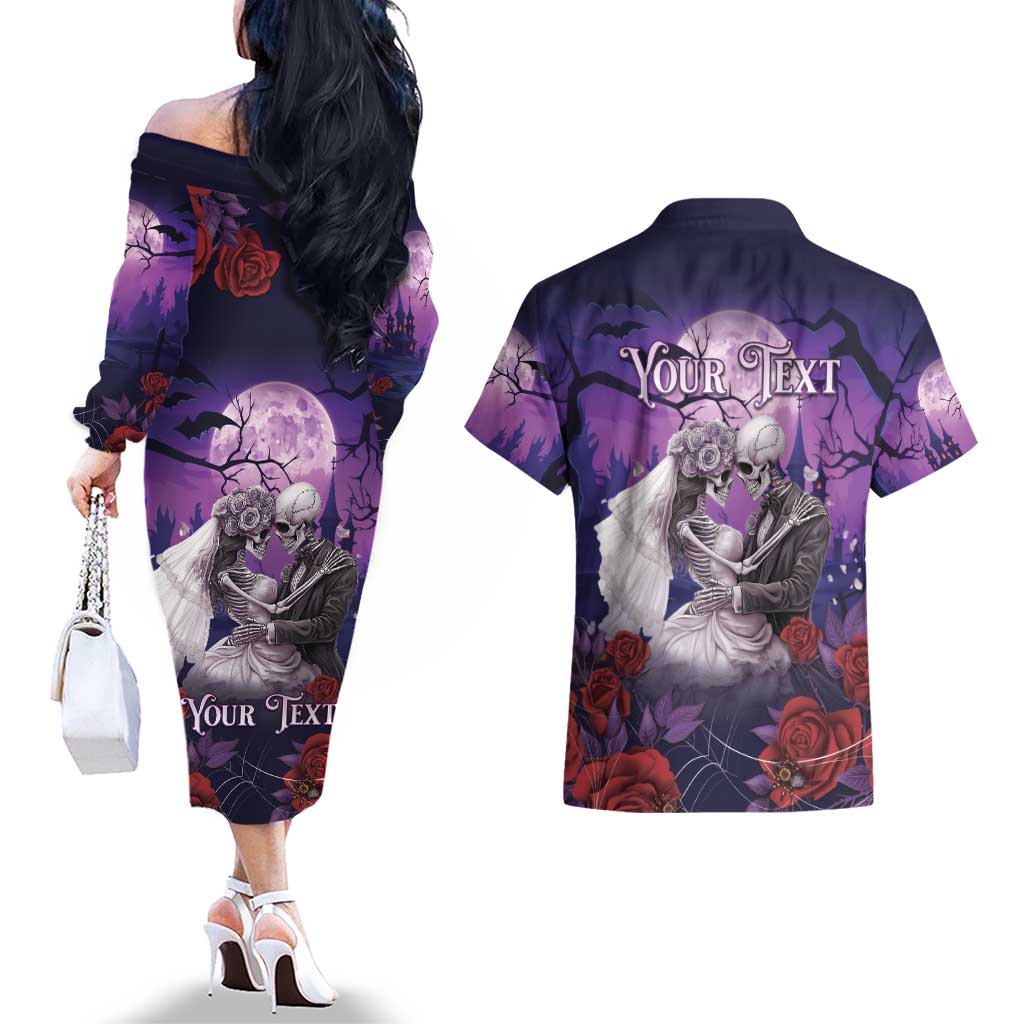 Personalised Halloween Skeleton Couple Couples Matching Off The Shoulder Long Sleeve Dress and Hawaiian Shirt Til Death Do Us Part LT05 - Wonder Print Shop