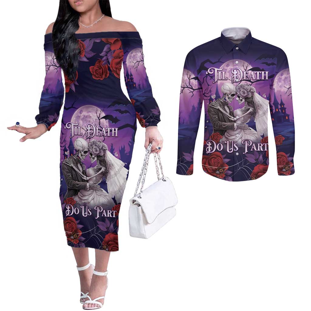 Personalised Halloween Skeleton Couple Couples Matching Off The Shoulder Long Sleeve Dress and Long Sleeve Button Shirt Til Death Do Us Part