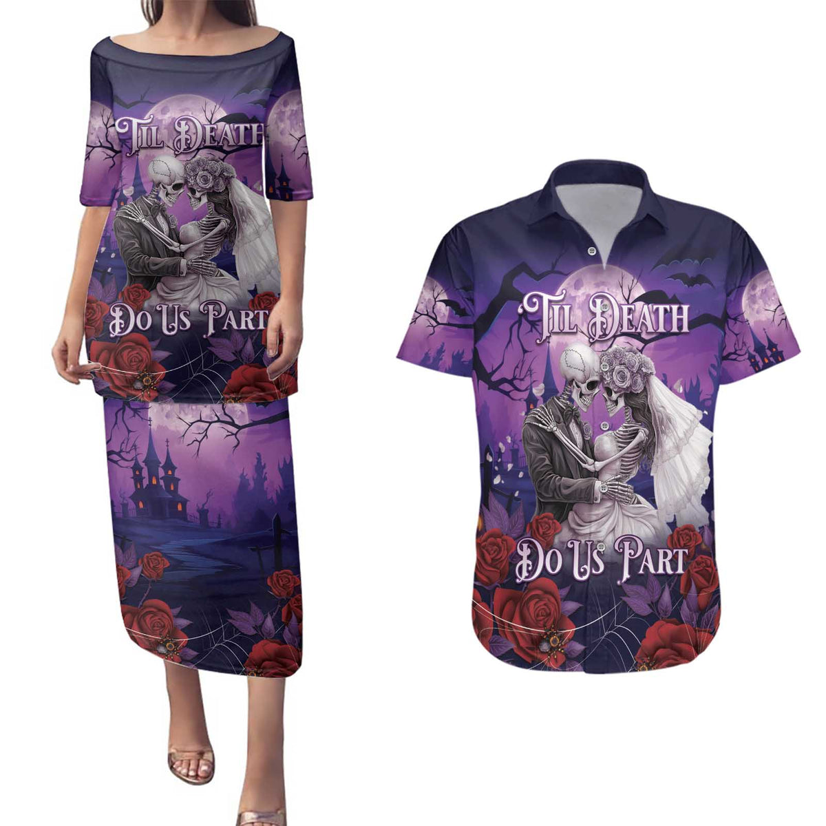 Personalised Halloween Skeleton Couple Couples Matching Puletasi and Hawaiian Shirt Til Death Do Us Part LT05 - Wonder Print Shop