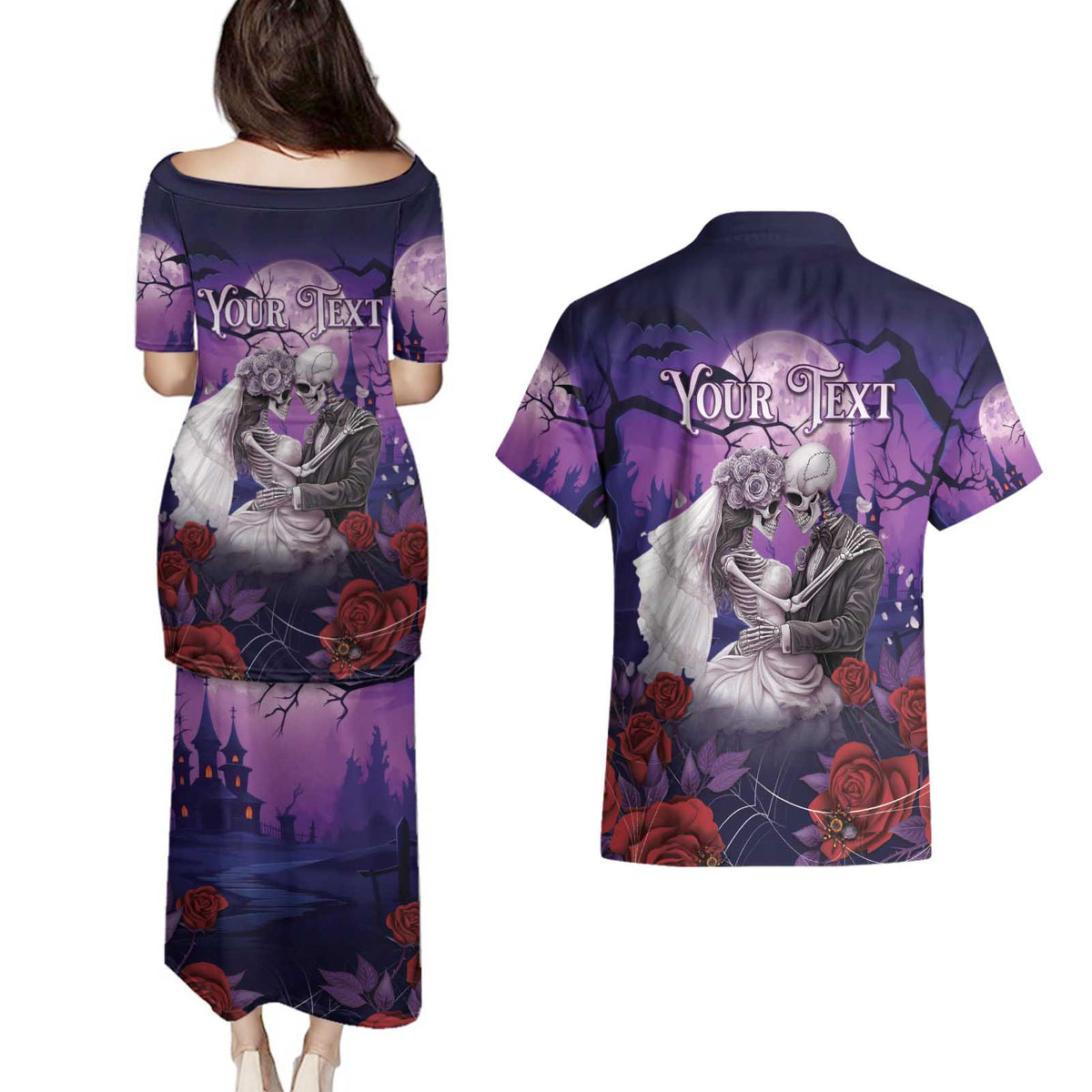 Personalised Halloween Skeleton Couple Couples Matching Puletasi and Hawaiian Shirt Til Death Do Us Part LT05 - Wonder Print Shop