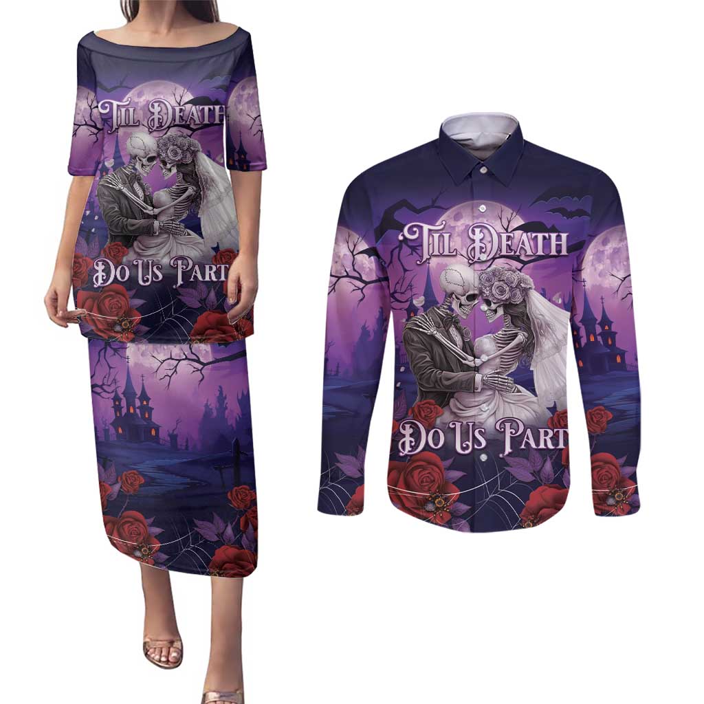 Personalised Halloween Skeleton Couple Couples Matching Puletasi and Long Sleeve Button Shirt Til Death Do Us Part LT05 - Wonder Print Shop