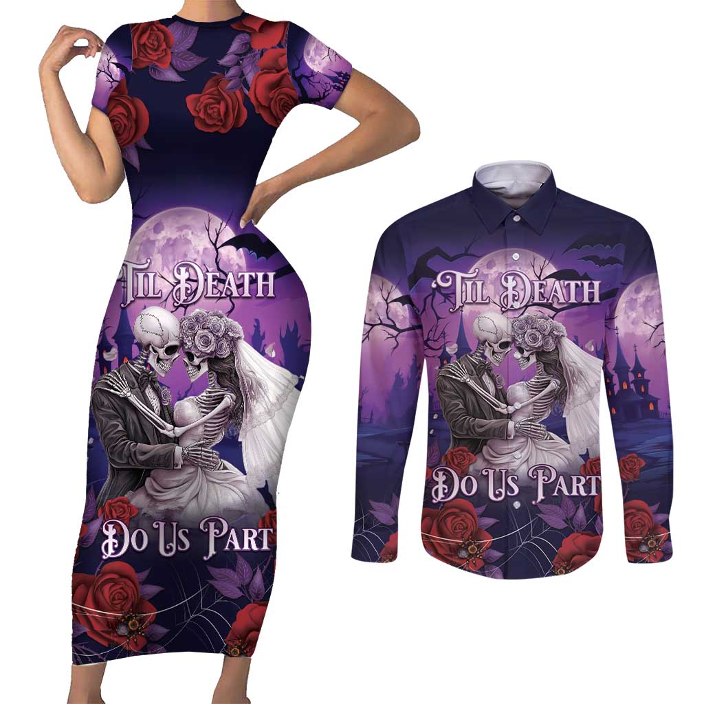 Personalised Halloween Skeleton Couple Couples Matching Short Sleeve Bodycon Dress and Long Sleeve Button Shirt Til Death Do Us Part LT05 - Wonder Print Shop