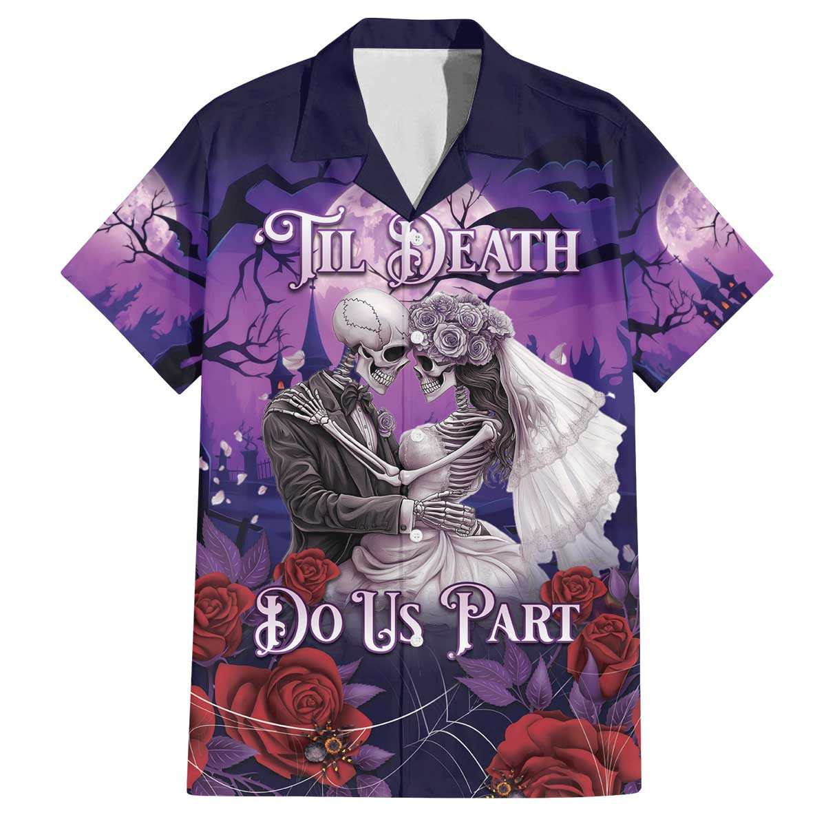 Personalised Halloween Skeleton Couple Family Matching Off The Shoulder Long Sleeve Dress and Hawaiian Shirt Til Death Do Us Part LT05 - Wonder Print Shop