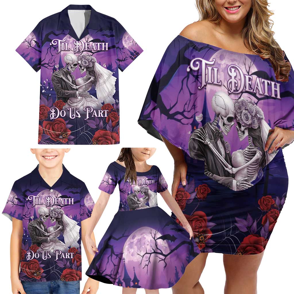 Personalised Halloween Skeleton Couple Family Matching Off Shoulder Short Dress and Hawaiian Shirt Til Death Do Us Part LT05 - Wonder Print Shop