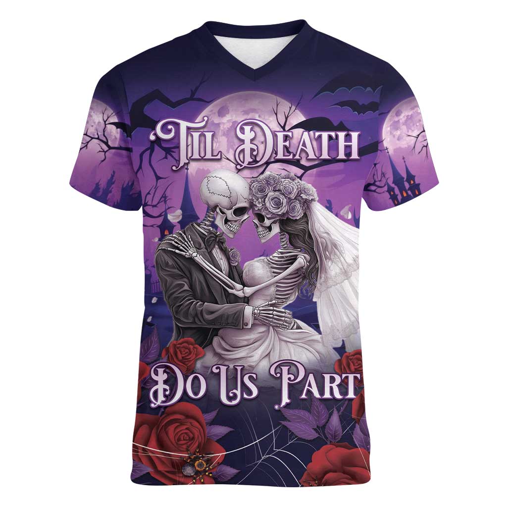 Personalised Halloween Skeleton Couple Women V-Neck T-Shirt Til Death Do Us Part LT05 - Wonder Print Shop