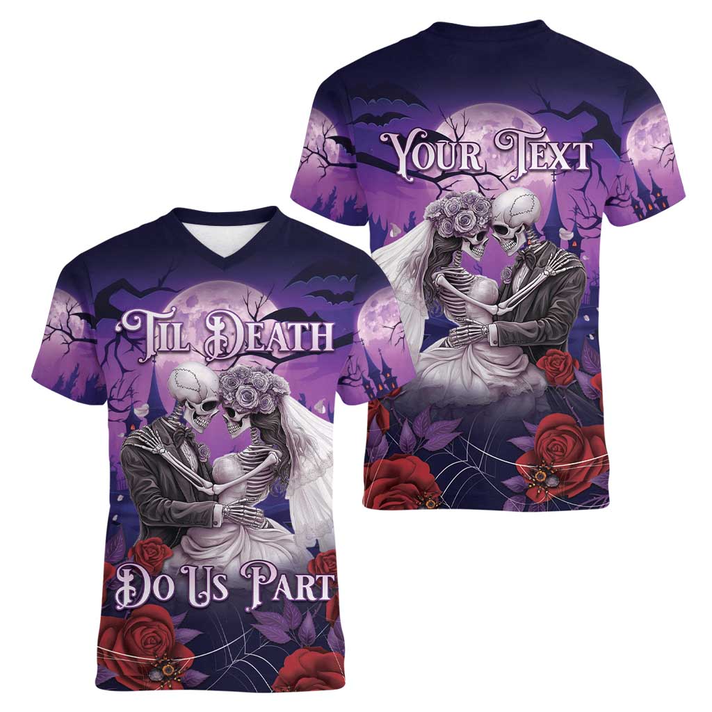 Personalised Halloween Skeleton Couple Women V-Neck T-Shirt Til Death Do Us Part LT05 - Wonder Print Shop