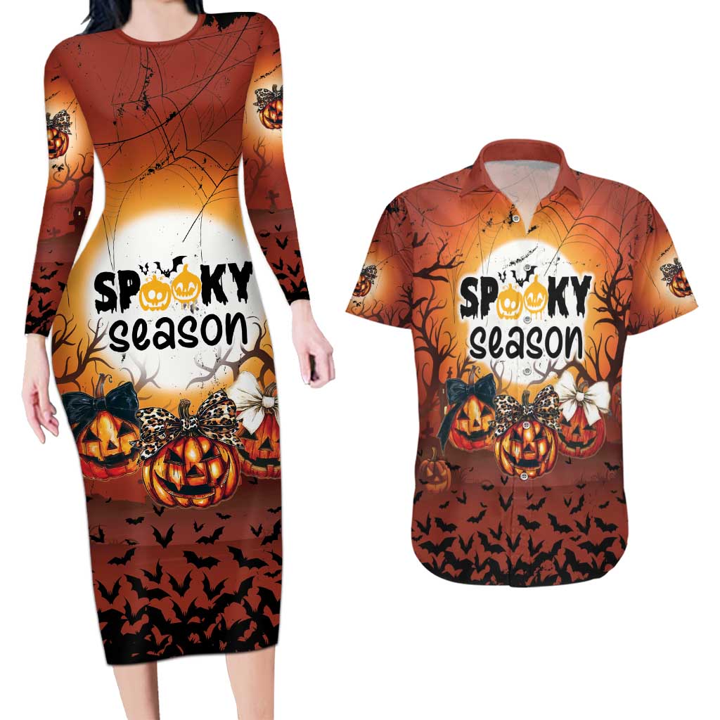 Coquette Pumpkin Halloween Couples Matching Long Sleeve Bodycon Dress and Hawaiian Shirt It's Spooky Season LT05 - Wonder Print Shop