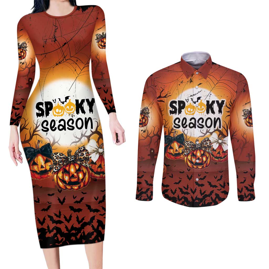 Coquette Pumpkin Halloween Couples Matching Long Sleeve Bodycon Dress and Long Sleeve Button Shirt It's Spooky Season LT05 - Wonder Print Shop