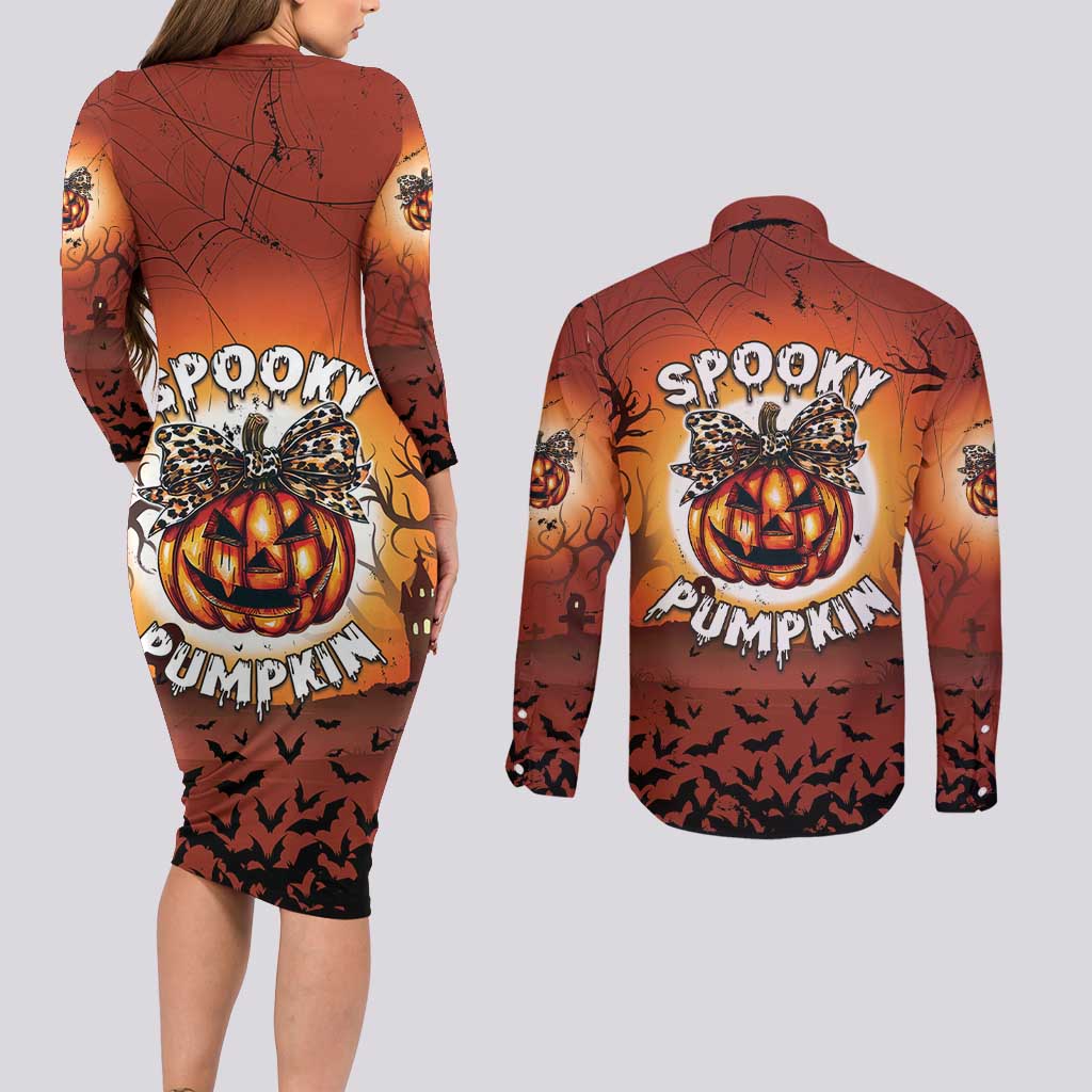 Coquette Pumpkin Halloween Couples Matching Long Sleeve Bodycon Dress and Long Sleeve Button Shirt It's Spooky Season LT05 - Wonder Print Shop