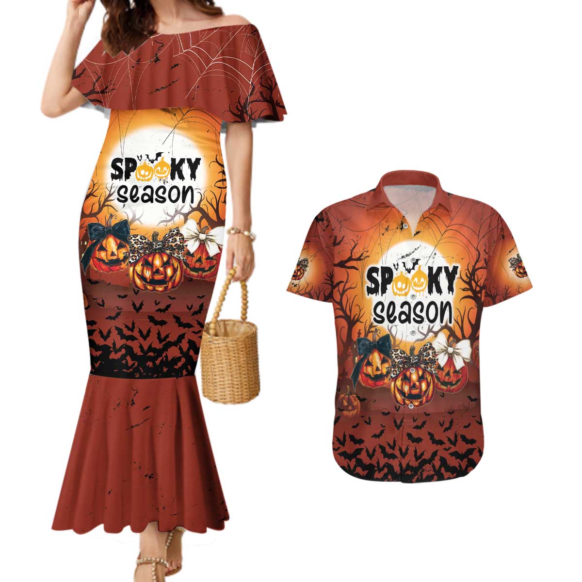 Coquette Pumpkin Halloween Couples Matching Mermaid Dress and Hawaiian Shirt It's Spooky Season LT05 - Wonder Print Shop