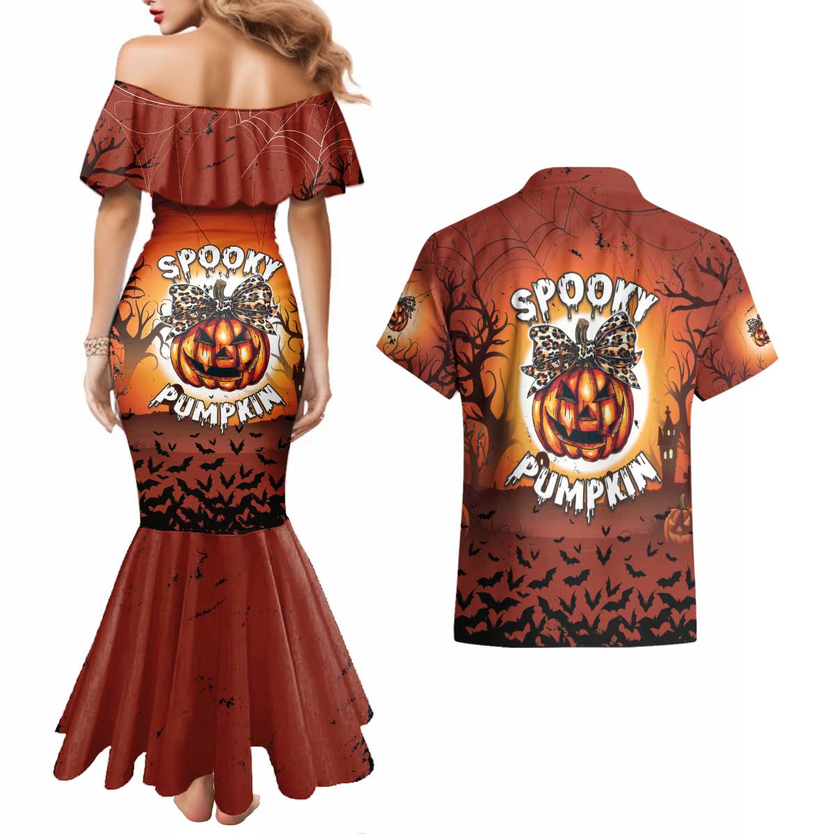 Coquette Pumpkin Halloween Couples Matching Mermaid Dress and Hawaiian Shirt It's Spooky Season LT05 - Wonder Print Shop