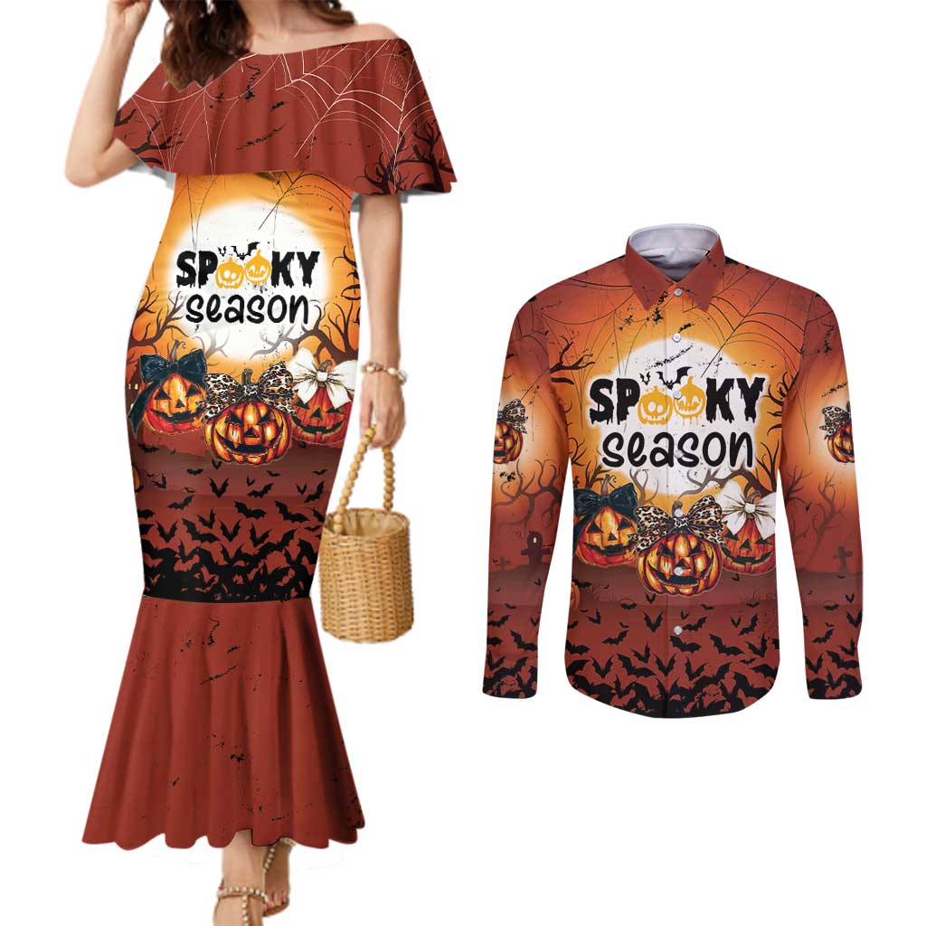 Coquette Pumpkin Halloween Couples Matching Mermaid Dress and Long Sleeve Button Shirt It's Spooky Season
