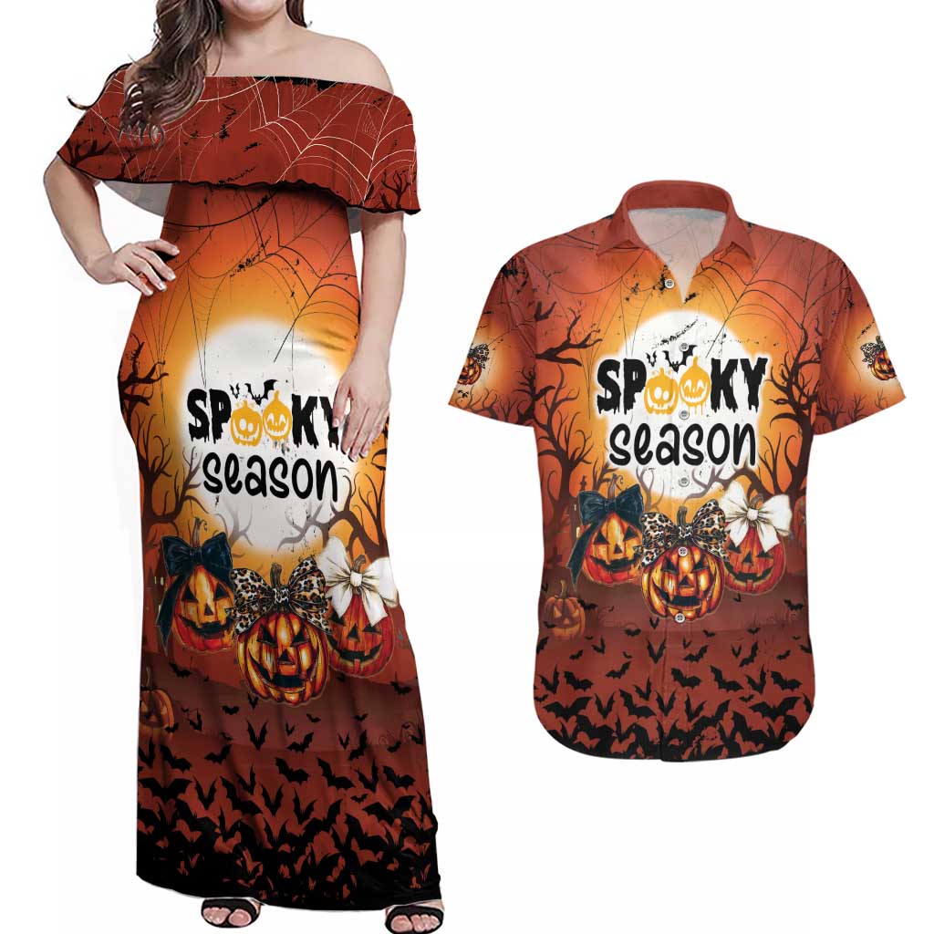 Coquette Pumpkin Halloween Couples Matching Off Shoulder Maxi Dress and Hawaiian Shirt It's Spooky Season LT05 - Wonder Print Shop