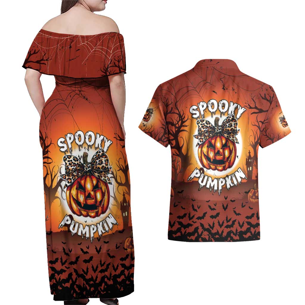 Coquette Pumpkin Halloween Couples Matching Off Shoulder Maxi Dress and Hawaiian Shirt It's Spooky Season LT05 - Wonder Print Shop