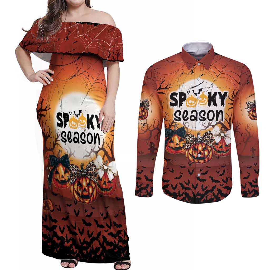 Coquette Pumpkin Halloween Couples Matching Off Shoulder Maxi Dress and Long Sleeve Button Shirt It's Spooky Season LT05 - Wonder Print Shop