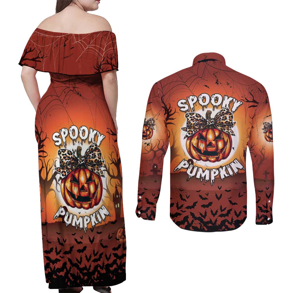 Coquette Pumpkin Halloween Couples Matching Off Shoulder Maxi Dress and Long Sleeve Button Shirt It's Spooky Season LT05 - Wonder Print Shop
