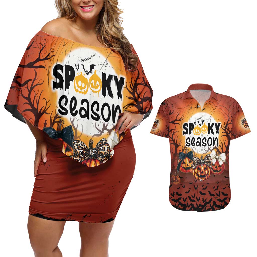 Coquette Pumpkin Halloween Couples Matching Off Shoulder Short Dress and Hawaiian Shirt It's Spooky Season LT05 - Wonder Print Shop