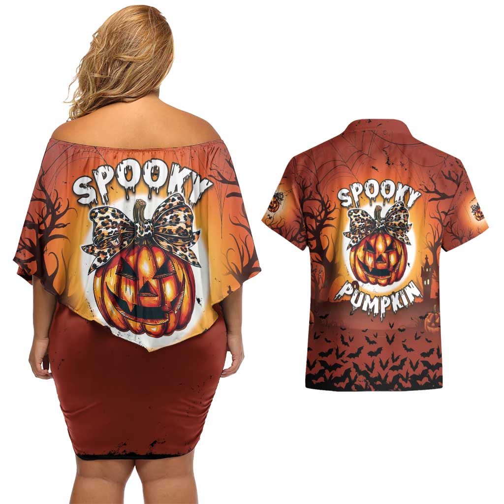 Coquette Pumpkin Halloween Couples Matching Off Shoulder Short Dress and Hawaiian Shirt It's Spooky Season LT05 - Wonder Print Shop