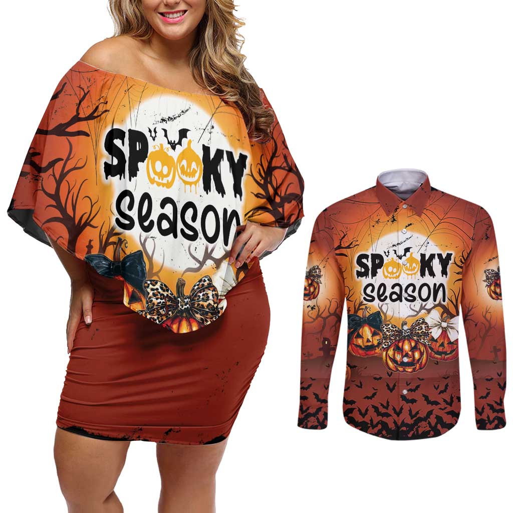 Coquette Pumpkin Halloween Couples Matching Off Shoulder Short Dress and Long Sleeve Button Shirt It's Spooky Season LT05 - Wonder Print Shop
